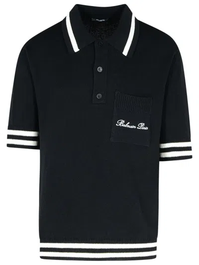 Shop Balmain 'signature' Black Cotton Blend Polo Shirt