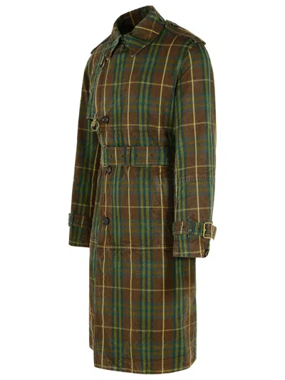 Burberry Vintage Effect Checked Trench Coat With Belt In Green