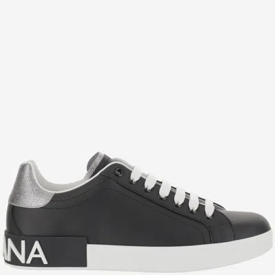 Dolce & Gabbana Portofino Sneakers In Black Leather With Silver Inserts