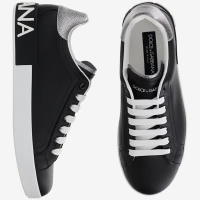 Dolce & Gabbana Portofino Sneakers In Black Leather With Silver Inserts