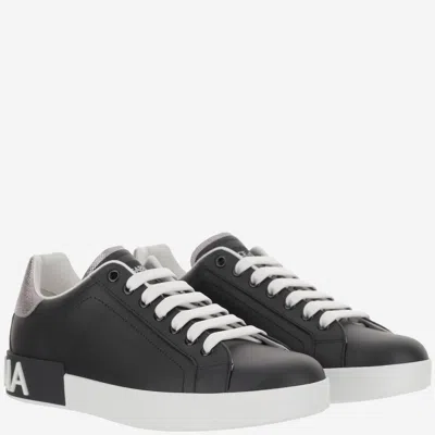Dolce & Gabbana Portofino Sneakers In Black Leather With Silver Inserts