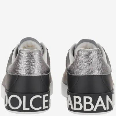 Dolce & Gabbana Portofino Sneakers In Black Leather With Silver Inserts