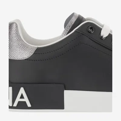 Dolce & Gabbana Portofino Sneakers In Black Leather With Silver Inserts