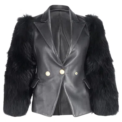 BALMAIN SINGLE BREASTED FUR SLEEVE BLAZER IN BLACK LEATHER 