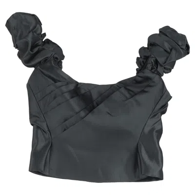 Loveshackfancy Pleated Scrunched Off-shoulder Crop Top In Black Polyester In Black
