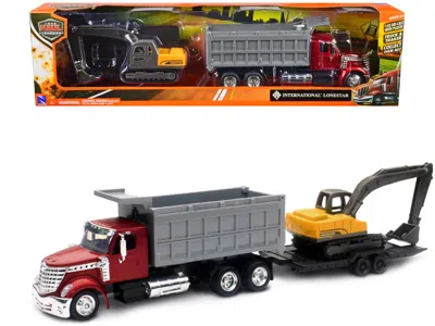 New Ray International Lonestar Dump Truck Red And Tracked Excavator Yellow With Flatbed Trailer "long Haul T