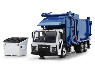 First Gear Mack Lr Refuse Garbage Truck With Mcneilus Meridian Front Loader White And Blue With Trash Bin 1/64