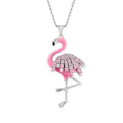 Ross-simons Pink Cz Flamingo Pendant Necklace With Pink Enamel In Sterling Silver In White