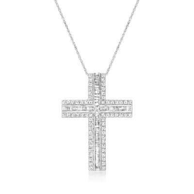 Ross-simons Baguette And Round Cross Pendant Necklace In 14kt White Gold In Multi