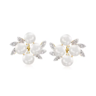 Ross-simons 5.5-6mm Cultured Pearl Cluster Earrings With Diamond Accents In 14kt Yellow Gold In White