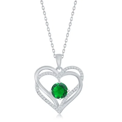 Simona Sterling Silver Double Heart Cz Pendant W/chain In Green