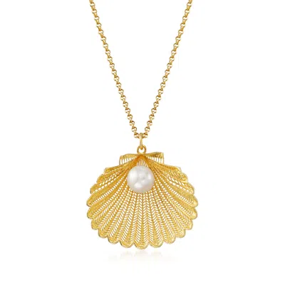 Ross-simons Italian Cultured Pearl Seashell Pendant Necklace In 18kt Gold Over Sterling Silver In Multi