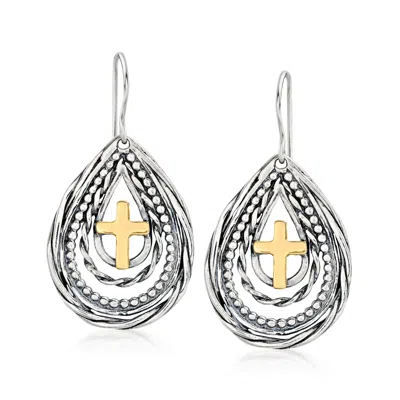 Ross-simons Sterling Silver And 14kt Yellow Gold Cross Teardrop Earrings In White