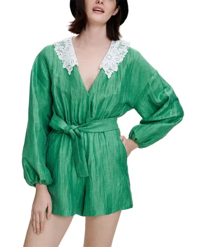 Maje Ifeuille Guipure-collar Linen-blend Playsuit In Green
