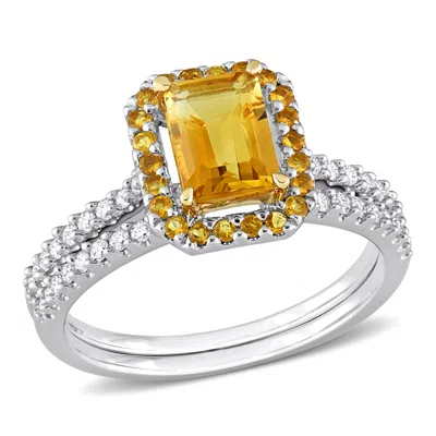 Mimi & Max 1 1/3 Ct Tgw Octagon Citrine And 1/4 Ct Tw Diamond Halo Bridal Ring Set In 14k White And Yellow Gold In Multi