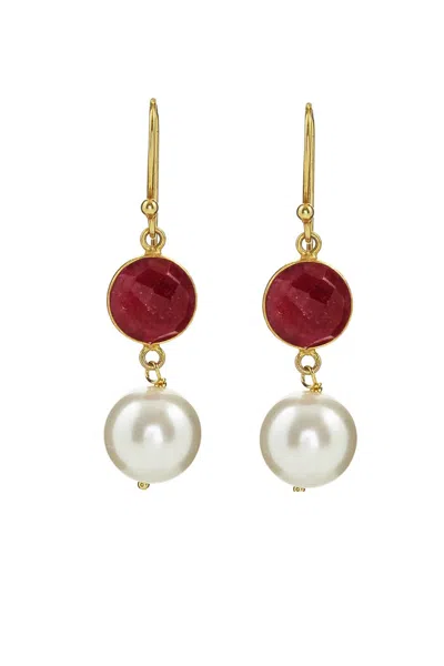 Liv Oliver 18k Gold Plated Ruby & Pearl Drop Earrings In Pink