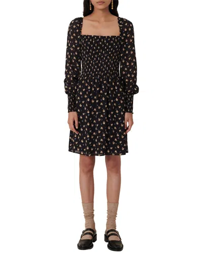 Maje Floral Long Sleeve Smocked Dress In Black