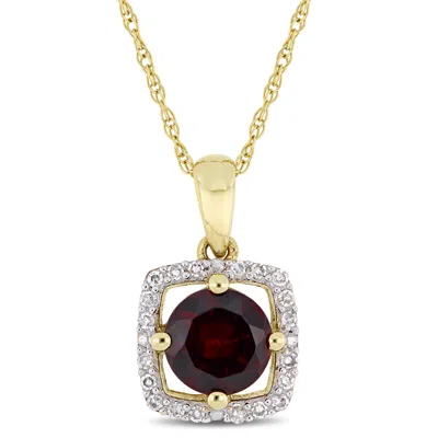 Mimi & Max 1 Ct Tgw Garnet And 1/10 Ct Tw Diamond Halo Square Drop Pendant With Chain In 10k Yellow Gold In Red