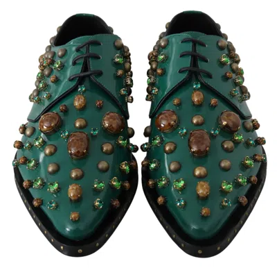 Dolce & Gabbana Green Leather Crystal Dress Broque Shoes In Green