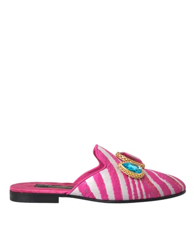 Pre-owned Dolce & Gabbana Pink Jacquard Crystal Mule Flat Sandals Women's Shoes ()