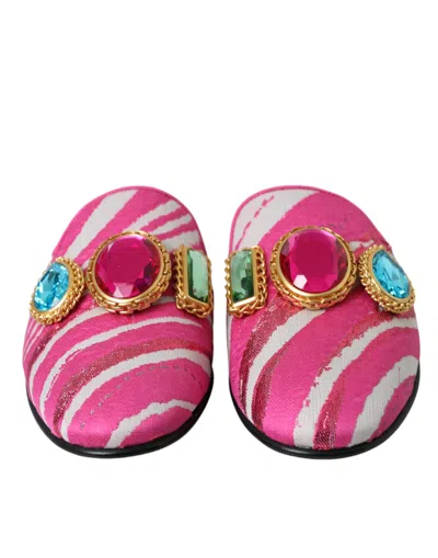 Pre-owned Dolce & Gabbana Pink Jacquard Crystal Mule Flat Sandals Women's Shoes ()