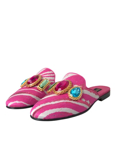 Pre-owned Dolce & Gabbana Pink Jacquard Crystal Mule Flat Sandals Women's Shoes ()
