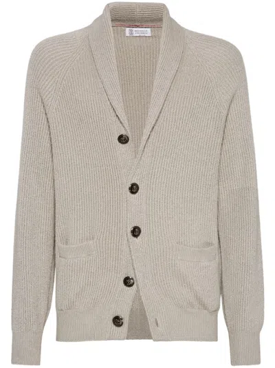 Brunello Cucinelli Ribbed Cotton Shawl Collar Cardigan