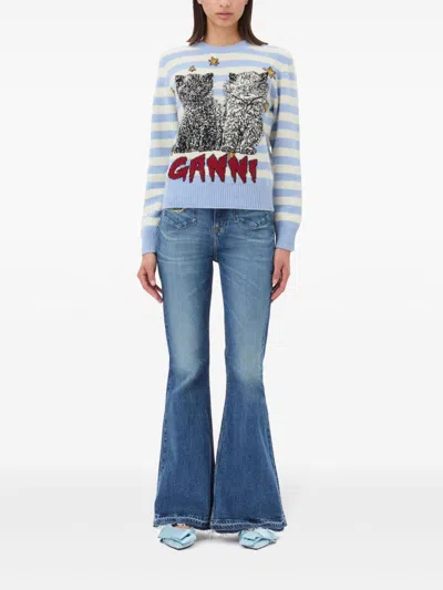 Ganni Light Blue Crewneck With Maxi Logo Print On The Front And All-over Striped Motif