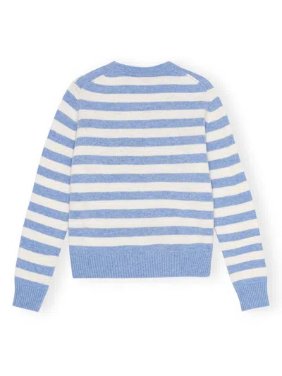 Ganni Light Blue Crewneck With Maxi Logo Print On The Front And All-over Striped Motif