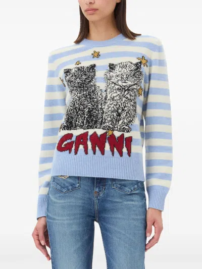 Ganni Light Blue Crewneck With Maxi Logo Print On The Front And All-over Striped Motif