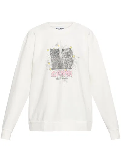 Ganni Off-white Isoli Kittens Drop Shoulder Sweatshirt