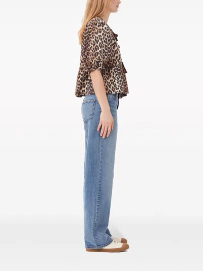 Ganni Multicolor Blouse With Front Tie Closure And All-over Leopard Motif In Cotton Woman