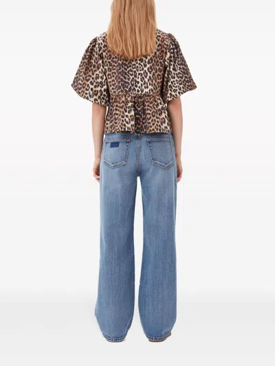 Ganni Multicolor Blouse With Front Tie Closure And All-over Leopard Motif In Cotton Woman