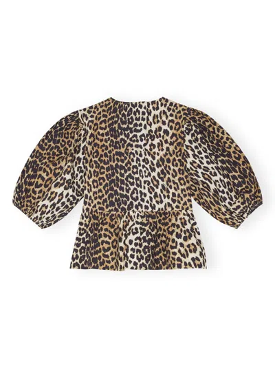 Ganni Multicolor Blouse With Front Tie Closure And All-over Leopard Motif In Cotton Woman