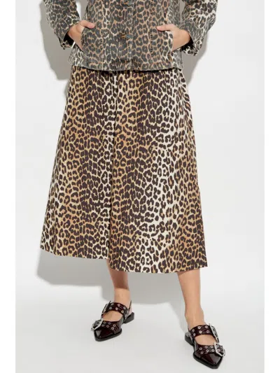 Ganni Womens Leopard Shirred-waist Leopard-pattern Regular-fit Organic-cotton Maxi Skirt