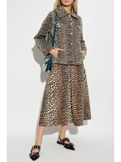 Ganni Womens Leopard Shirred-waist Leopard-pattern Regular-fit Organic-cotton Maxi Skirt