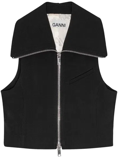 Ganni Zippered Peplum Vest Flared Cuffs In Black