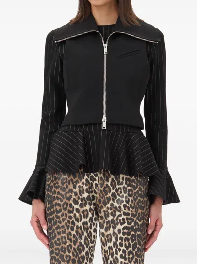 Ganni Zippered Peplum Vest Flared Cuffs In Black