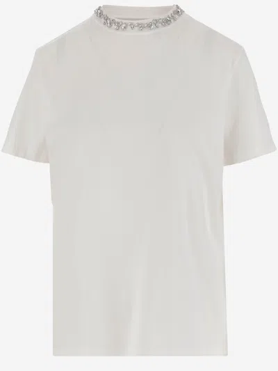 Golden Goose White Crewneck T-shirt With Rhinestone Embellishments On The Collar And Logo Detail On The Rear In C