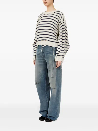 Mm6 Maison Margiela White And Blue Striped Sweater With Cut-out Details