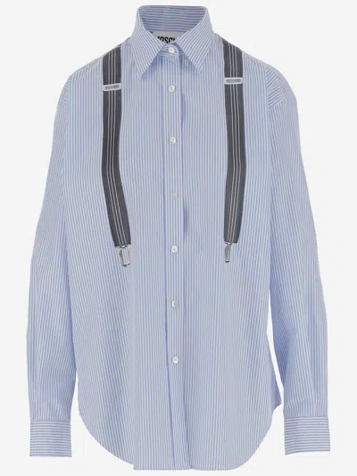 Moschino Couture Light Blue Cotton Striped Shirt With Decorative Straps