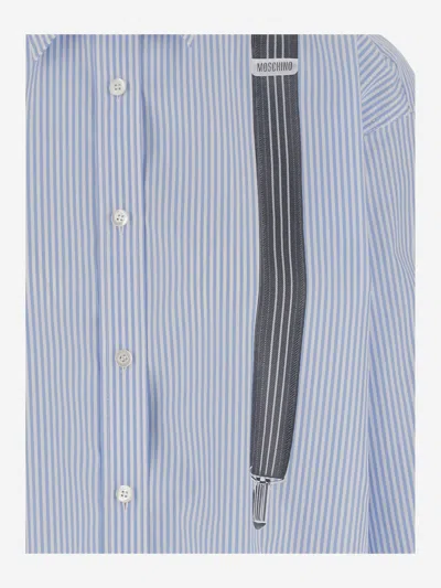 Moschino Couture Light Blue Cotton Striped Shirt With Decorative Straps