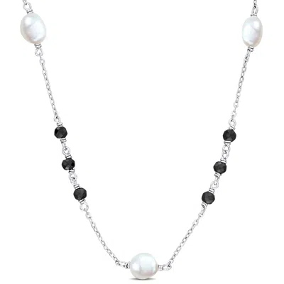 Mimi & Max 4ct Tgw Black Moissanite And 4.5-7mm Cultured Freshwater Pearl Curb Link Chain Necklace In Sterling  In Multi
