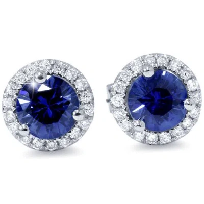 Pompeii3 1 Ct Blue Sapphire Diamond Halo Studs Earrings 10k White Gold In Multi