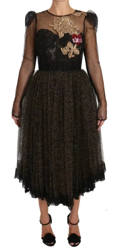 Pre-owned Dolce & Gabbana Black Gold Crystal Heart A-line Women's Dress ()