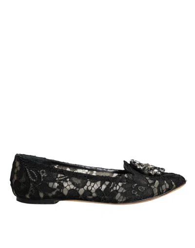 Pre-owned Dolce & Gabbana Black Lace Crystal Ballet Flats Loafer Women's Shoes ()