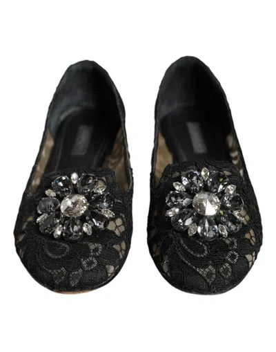 Pre-owned Dolce & Gabbana Black Lace Crystal Ballet Flats Loafer Women's Shoes ()