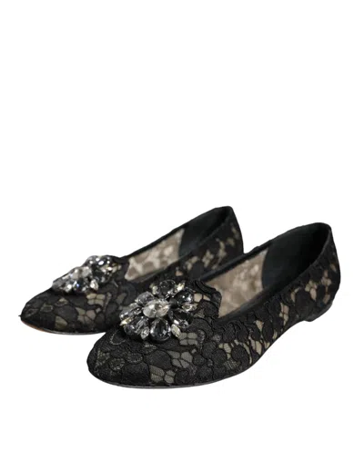 Pre-owned Dolce & Gabbana Black Lace Crystal Ballet Flats Loafer Women's Shoes ()