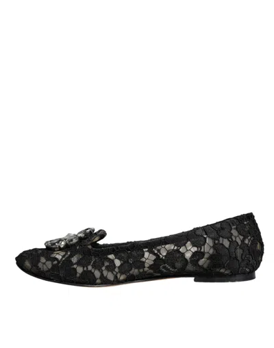 Pre-owned Dolce & Gabbana Black Lace Crystal Ballet Flats Loafer Women's Shoes ()