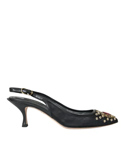 Dolce & Gabbana Black Mesh Embellished Heel Slingbacks Shoes In Black